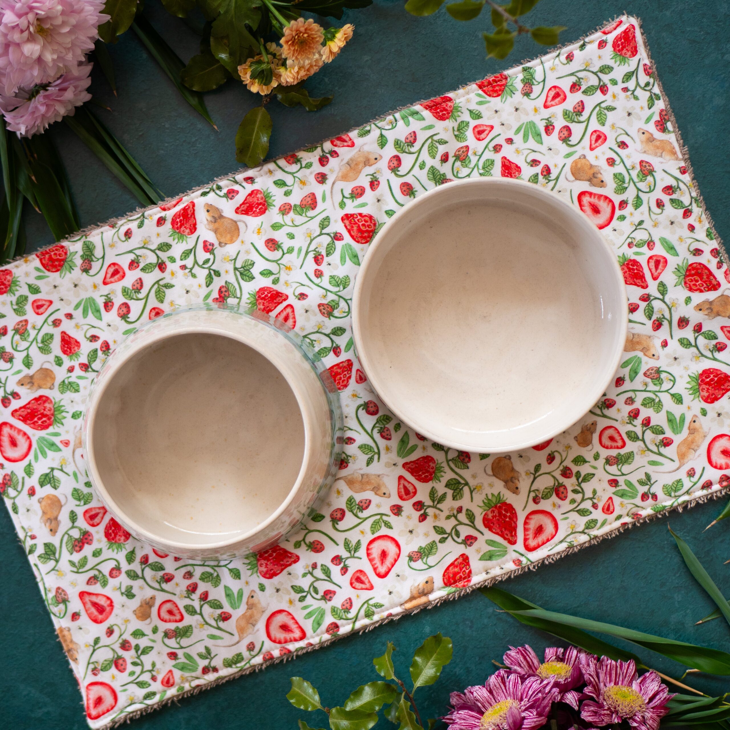 'Mice & Strawberries' Dog Bowl Place Mat (Large Double only)